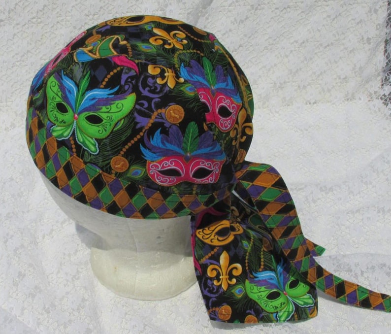 Mardi Gras skull cap doo rag Handmade in the USA. chemo hat scrub hat with a built in terry cloth sweat band cancer hat
