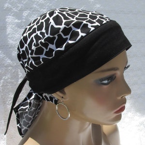 Black and white head scarf, chemo scarf, chemo headwear, hair bandana with a cotton terry cloth sweatband.  Handmade in the USA.