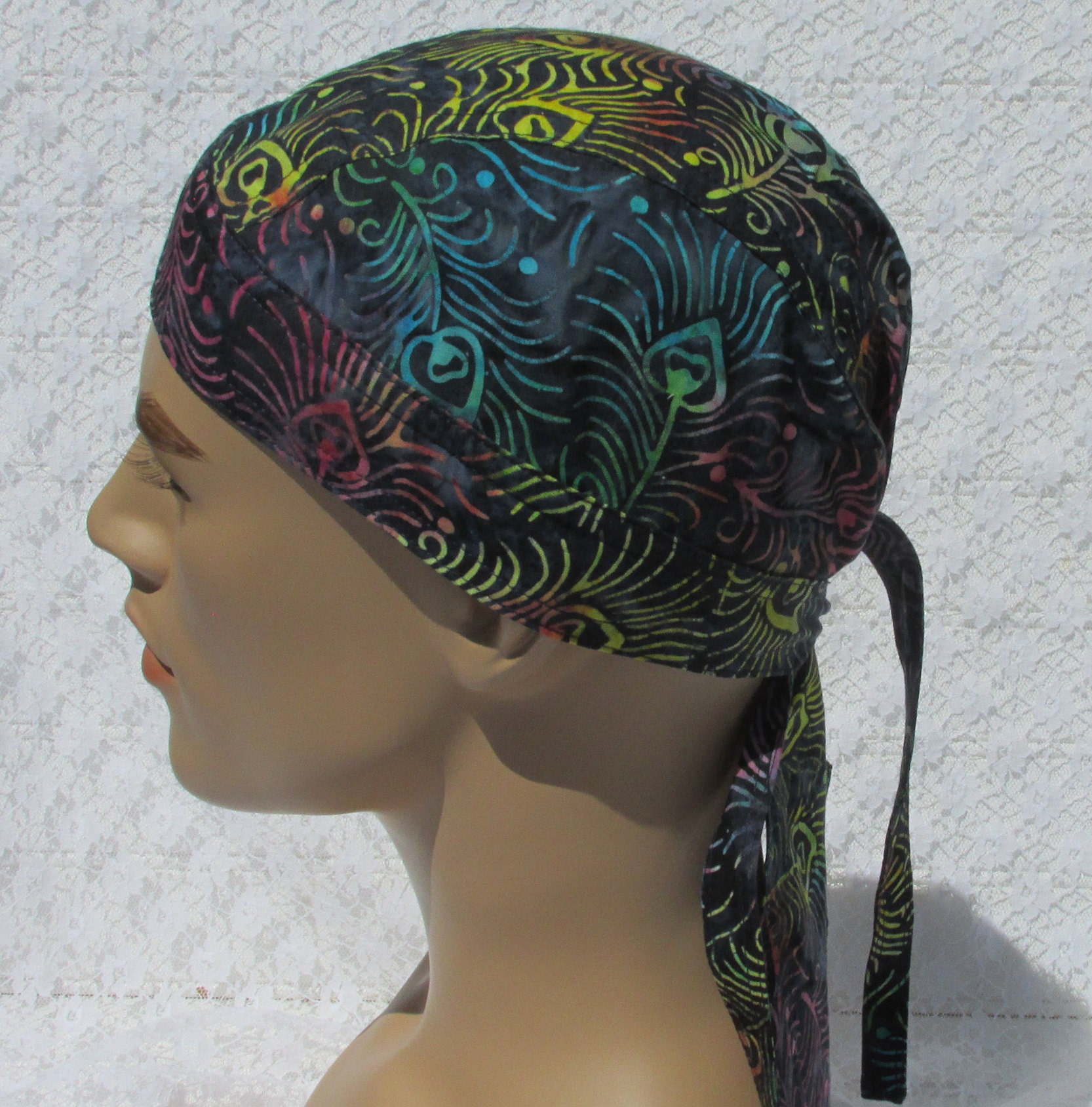 Aknackforfabric Batik Fabric, Peacock Feather Skull Cap, Doo Rag, Chemo Hat, Cancer Hat with A Built in Cotton Terry Cloth Sweat Band. Handmade in The USA.