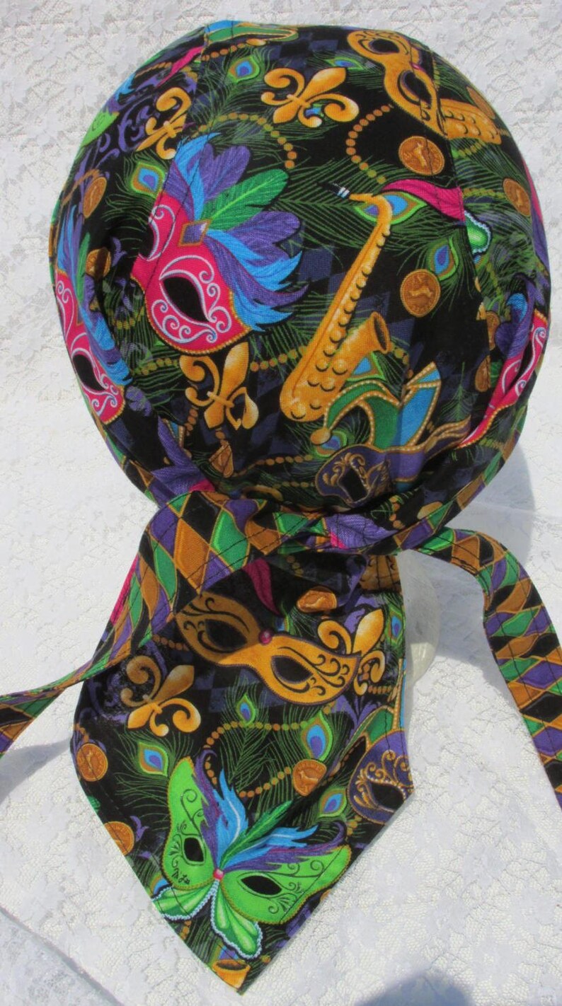 Mardi Gras skull cap doo rag Handmade in the USA. chemo hat scrub hat with a built in terry cloth sweat band cancer hat