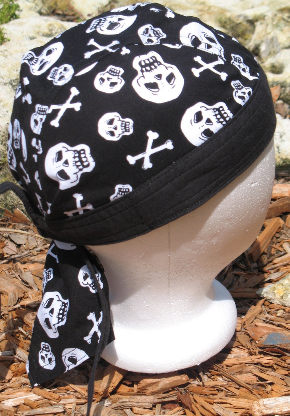 Handmade Black Skulls Skull Cap Cancer Bandana Hat With Sweatband