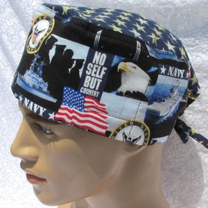 Navy scrub cap, chemo hair loss hat, chef hat.  Handmade in America.