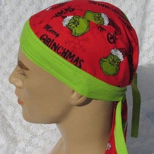 Handmade Christmas Grinch skull cap cancer hair loss bandana hat with sweatband.