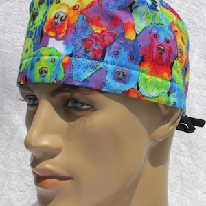Dog scrub cap, chemo hat, chef&#39;s hat with a cotton terry cloth sweat band.  Hand made in the USA.