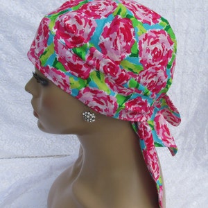 Women&#39;s pink floral scarf, chemo scarf, chemo headwear, hair bandana with a built in cotton terry cloth sweat band.  Handmade in the USA.