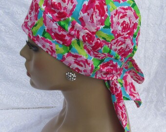 Women's pink floral scarf, chemo scarf, chemo headwear, hair bandana with a built in cotton terry cloth sweat band.  Handmade in the USA.