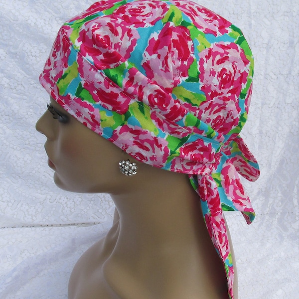 Women's pink floral scarf, chemo scarf, chemo headwear, hair bandana with a built in cotton terry cloth sweat band.  Handmade in the USA.