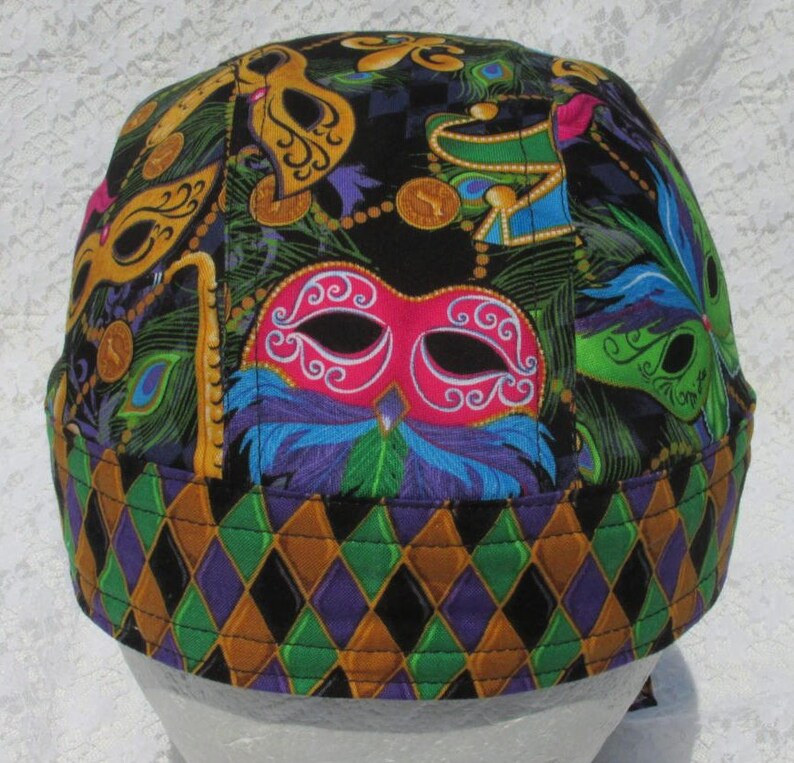 Mardi Gras skull cap doo rag Handmade in the USA. chemo hat scrub hat with a built in terry cloth sweat band cancer hat