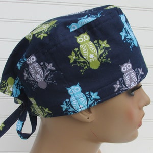 Owl scrub cap chemo hair loss hat with a built in sweat band.  Handmade in the United States of America.