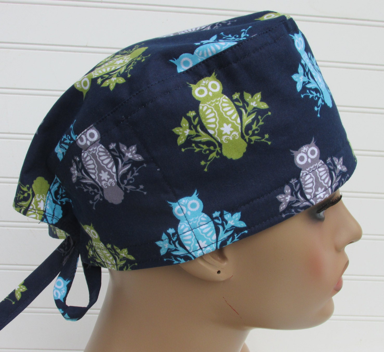 Handmade owl scrub cap chemo hair loss hat with sweatband.