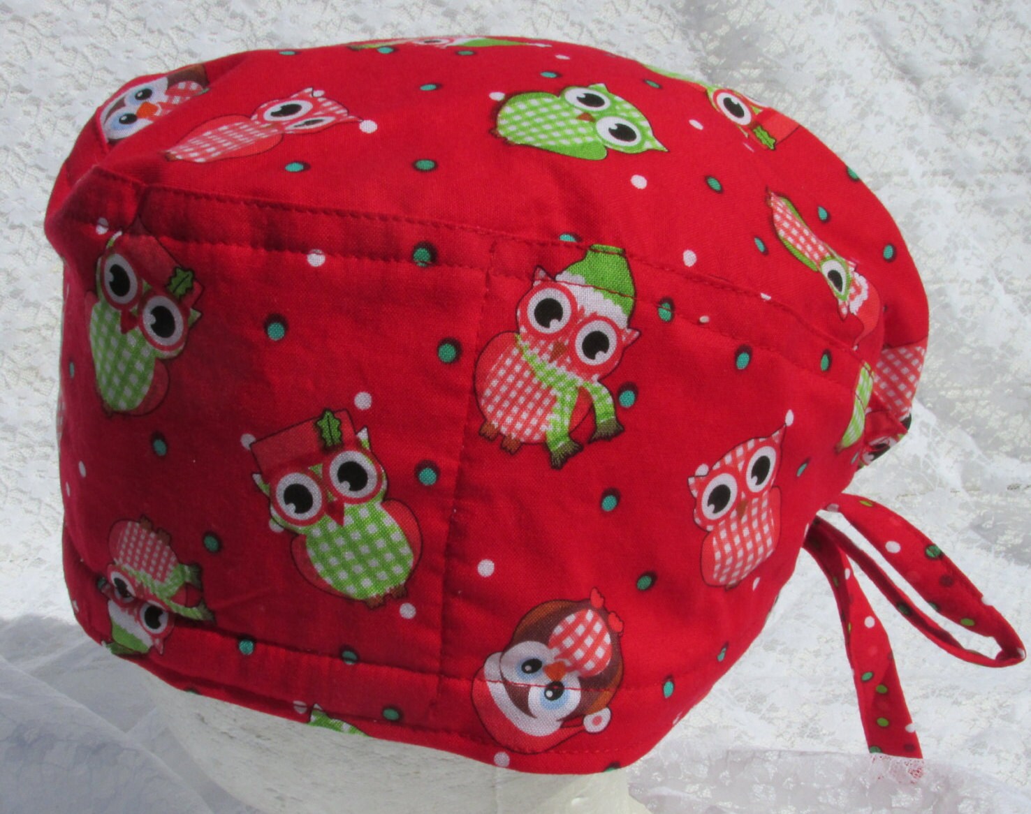 Christmas Owl Scrub Hat: Terry Cloth Sweatband, Handmade USA
