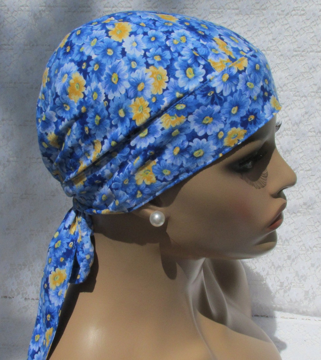 Women's Blue Floral Chemo Hat Cancer Hat Hair Loss Hat Etsy