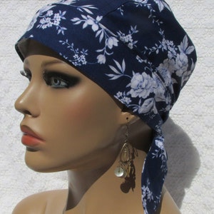 Navy blue floral hat, scrub hat, chemo hair loss hat with a cotton terry cloth sweat band.  Handmade in the USA.