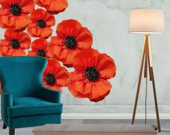 Red poppy paper flowers,  shop window display, wedding party wall backdrop decorations