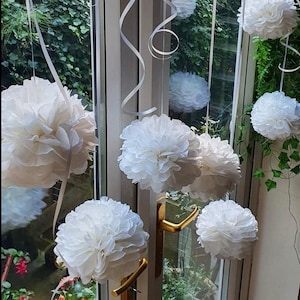 8 x Christmas shop front window hanging decorations, tissue paper pompoms flowers,party, shop display, christmas garland white, red, green
