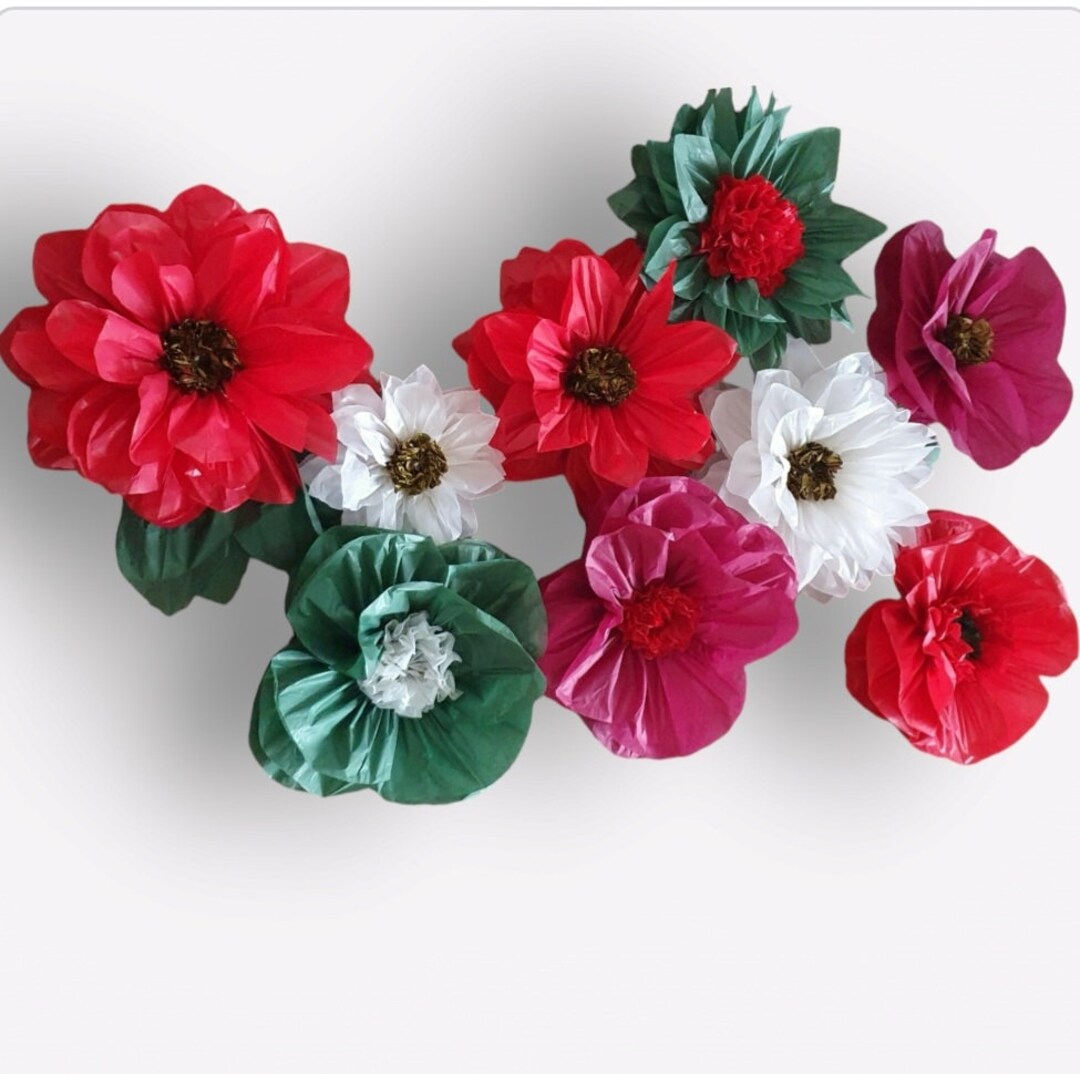 9 X Christmas Poinsettia Decorations, Tissue Paper Flower , Shop Front