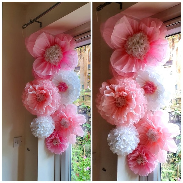 Papieren bloemmuurachtergrond, bruiloft, feest, verjaardag, roze, babykamer, babyshower hangende decoratiebloemen