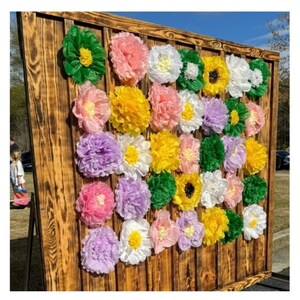 May include: A wooden backdrop decorated with tissue paper flowers in various colors, including pink, yellow, green, white, and purple. The flowers are arranged in a random pattern, creating a festive and colorful display.
