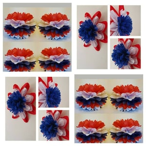 May include: A set of red, white, and blue tissue paper pom-poms. The pom-poms are layered in a graduated pattern, with the largest layer being red, the middle layer being white, and the smallest layer being blue. The pom-poms are perfect for decorating for a patriotic holiday.