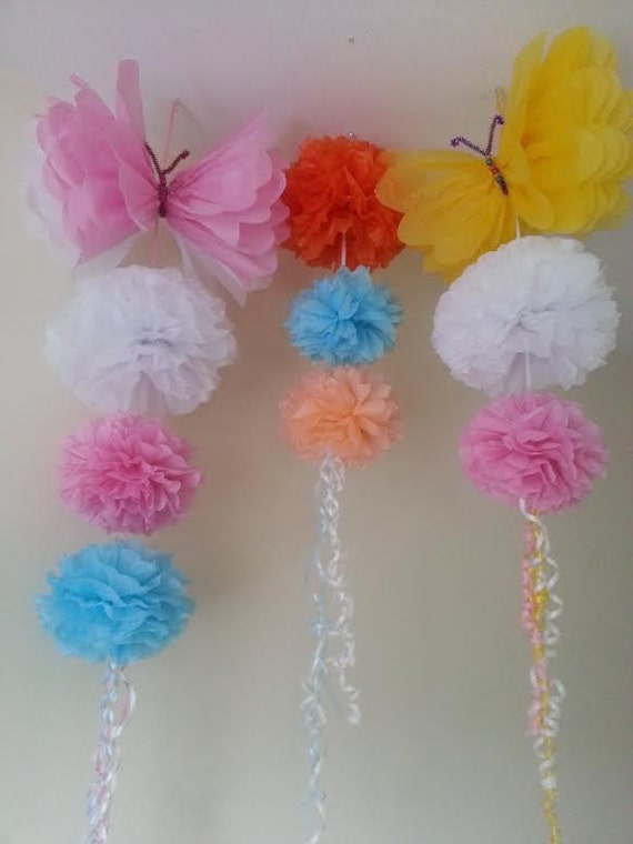 3 Butterfly Garlands Party Wedding Hanging Ceiling Decorations Tissue Paper Pom Poms Birthday Baby Shower