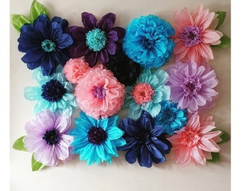 Paper flowers,under the sea decorations party, birthday,wedding blues, pinks decorations Flower wall backdrop, mermaid decor, baby shower