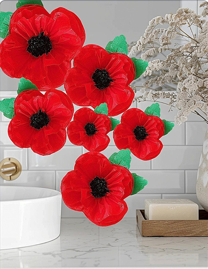 Red poppy paper flowers, shop window display, wedding party wall backdrop decorations