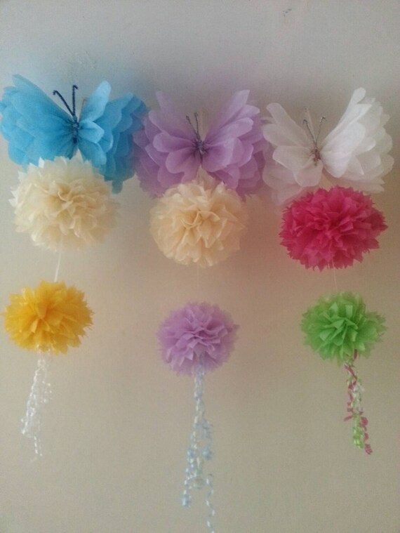 3 Party Wedding Shower Birthday Baby Shower Hanging Ceiling Decorations Tissue Paper Pom Poms Buttefly Garlands