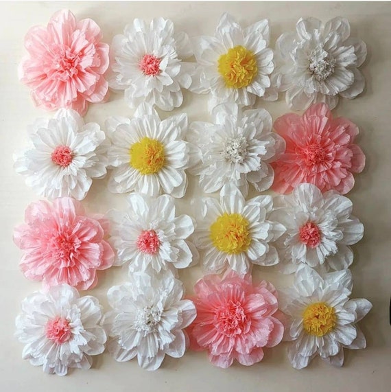 Paper Flowers Tissue Paper Decorations , Flower Wall Backdrop, Girls  Birthday Party, Wedding, Baby Shower, Garden Party,white , Pink Flowers 