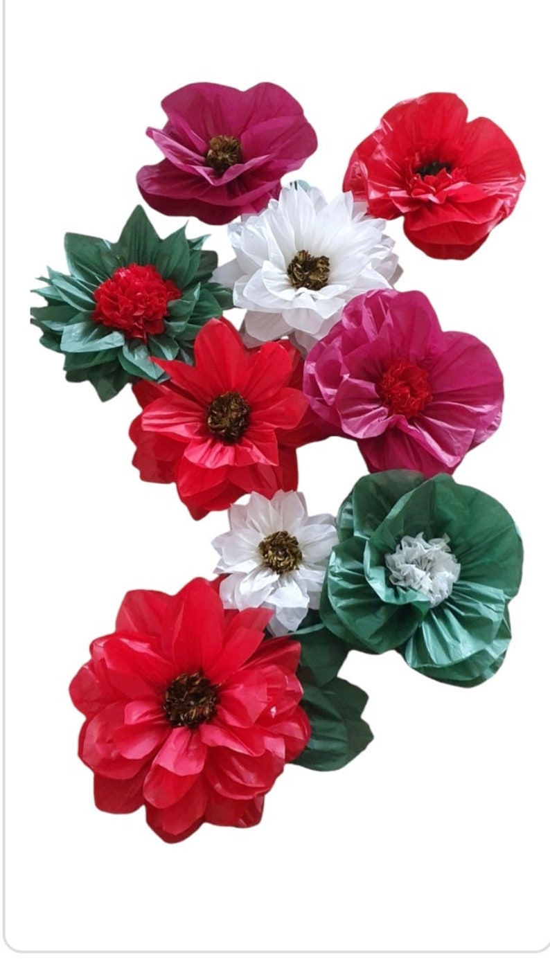 9 X Christmas Poinsettia Decorations, Tissue Paper Flower , Shop Front