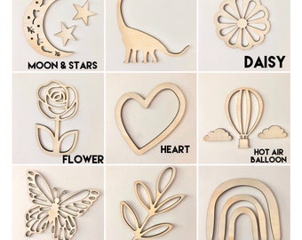 Small Wall Decals - Sun, Moon, Stars, Dino, Giraffe, Lion, Butterfly, Rainbow, Leaf, Hot Air Balloon, Clouds, Heart, Flower