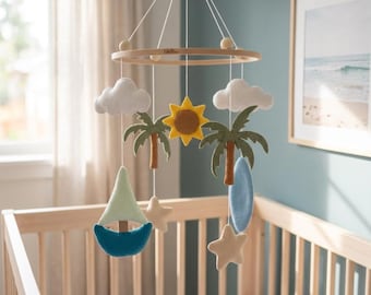 Sun & Surf Nursery Mobile – Handmade Baby Crib Mobile | Beach and Ocean Nursery Decor | Baby Shower Gift | Coastal Baby Room Decoration