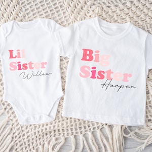 Personalised Big Sister Lil Sister Sibling Set – Pink Matching Shirts | Custom Sibling Gift | Sisters Outfit Set | Family Photo Outfit