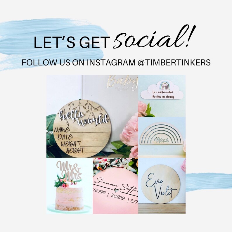 May include: A collage of wooden signs with various designs and text, including "hello world", "be a rainbow when the skies are cloudy", "Neve", "Sienna Sutton", "Eve Violet", and "Mr & Mrs". The signs are on a white background with a blue and pink painted border.