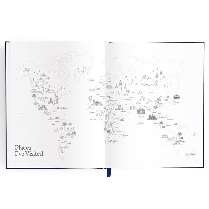 May include: A white open notebook with a world map printed on the pages. The map is in black and white and shows various landmarks and cities around the world. The text "Places I've Visited." is printed on the left page.