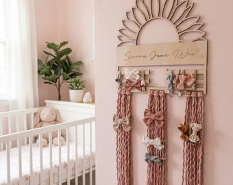 Sunflower Bow Macramé Holder – Baby Headband Organizer | Nursery Wall Decor | Boho Kids Room Accessory | Handmade Bow Storage