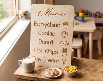 Menú de cafetería infantil: Letrero para juegos de simulación en la sala de juegos / Tablero de menú de restaurante infantil / Decoración para juegos de rol infantiles / Accesorio de cocina de juguete