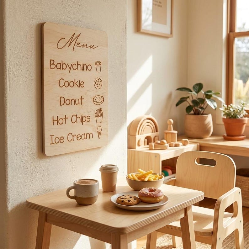 Puede incluir: Un tablero de men&uacute; de madera con la palabra "Men&uacute;" y una lista de art&iacute;culos que incluyen "Babychino", "Cookie" e "Ice Cream". Una peque&ntilde;a mesa de madera contiene una taza de caf&eacute;, una taza para llevar, un plato con una galleta y un donut, y un cuenco de patatas fritas. Una silla de madera est&aacute; cerca.