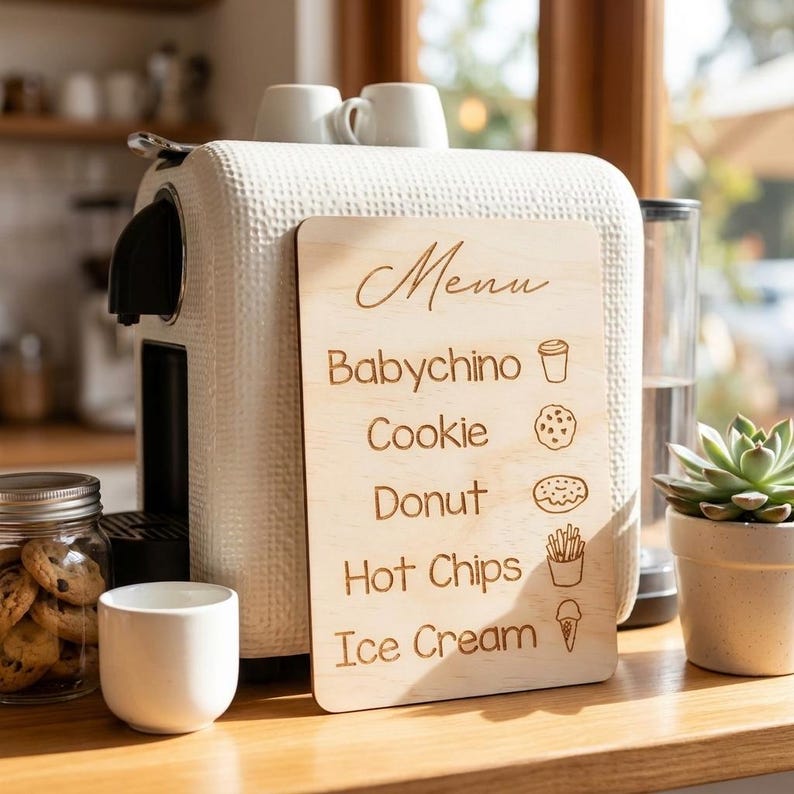 Puede incluir: Un tablero de men&uacute; de madera con la palabra "Men&uacute;" en la parte superior, que enumera "Babychino", "Cookie", "Donut", "Hot Chips" e "Ice Cream". El tablero est&aacute; junto a una cafetera blanca y un tarro de galletas.