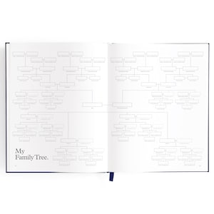 May include: A blank white family tree template with two pages. The pages are bound together with a blue spine. The template has boxes for names, dates, and relationships. The text "My Family Tree." is printed at the bottom of the left page.