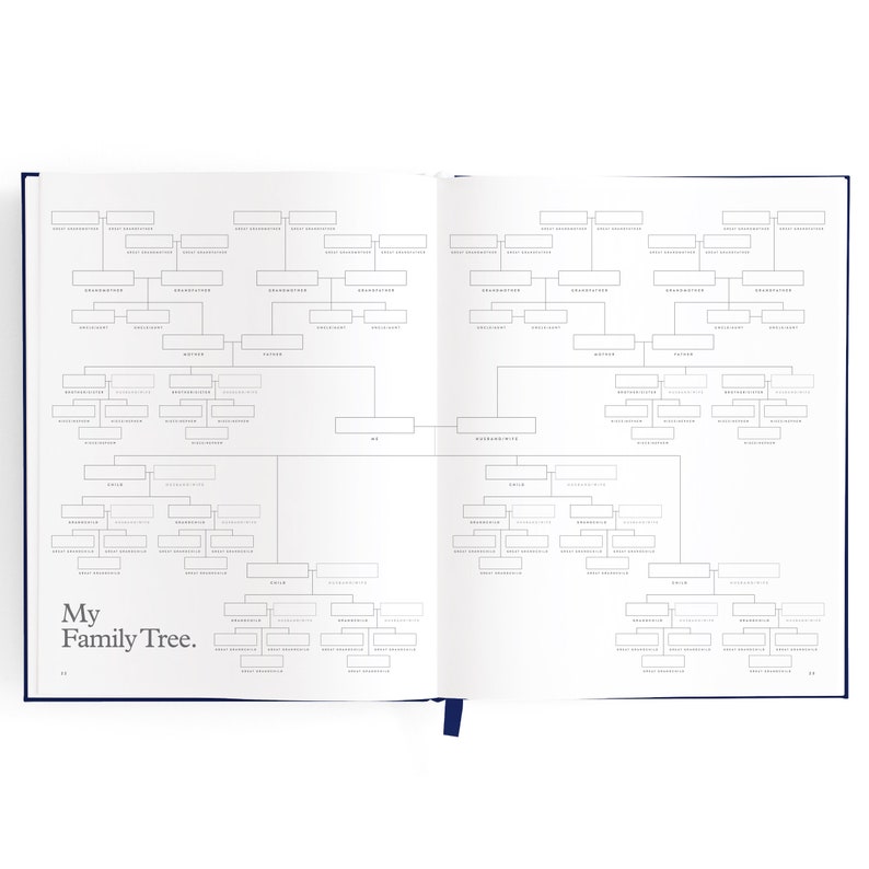 May include: A blank white family tree template with two pages. The pages are bound together with a blue spine. The template has boxes for names, dates, and relationships. The text "My Family Tree." is printed at the bottom of the left page.