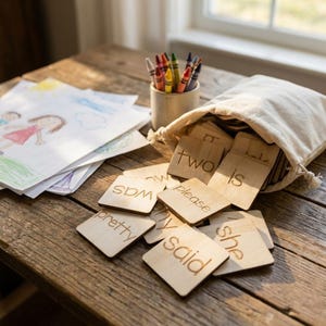 May include: A collection of wooden word tiles with engraved letters, spilling from a canvas bag on a wooden table. The words include "two", "is", "pretty", and "said". A small ceramic cup holds colourful crayons. Children's drawings are in the background.
