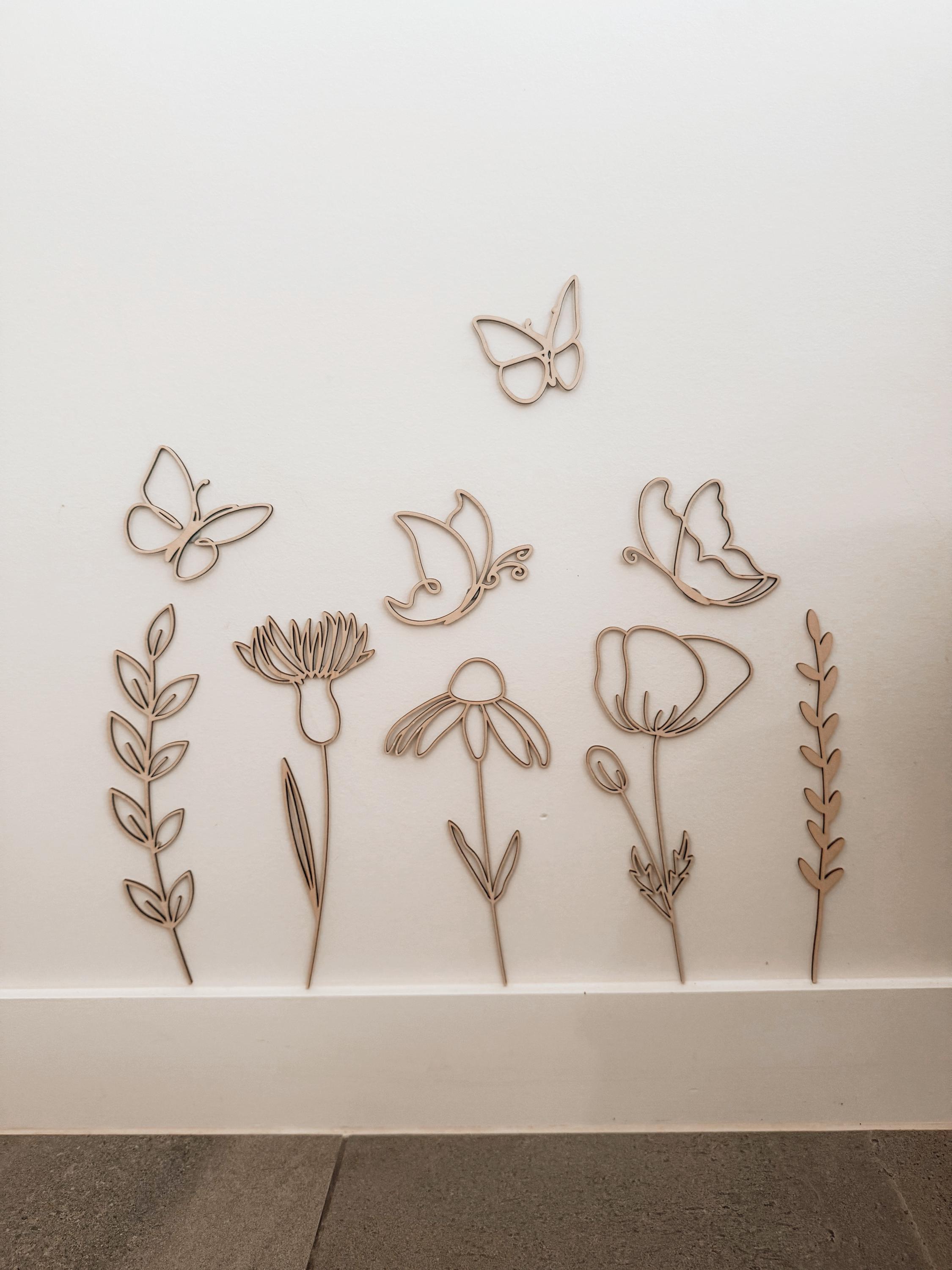 Wooden Wildflower Decal Set – Boho Nursery Wall Decor, Floral Wood Wall Stickers, Baby Girl Room Decor, Botanical Wall Art, Neutral Kids