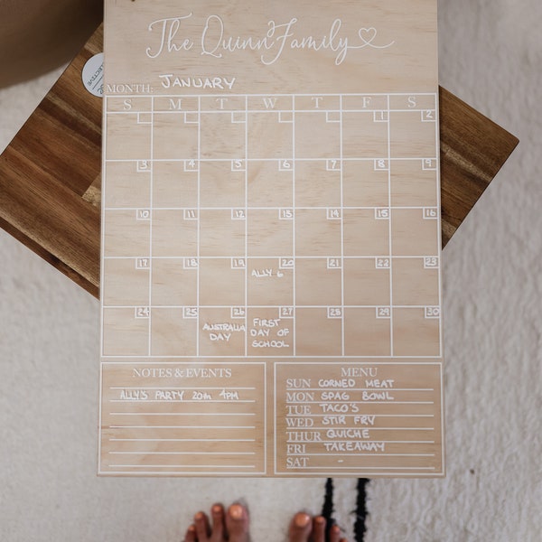 Hanging Acrylic Wood Personalized Monthly Family Calendar - Dry Erase Board - HEART VERSION