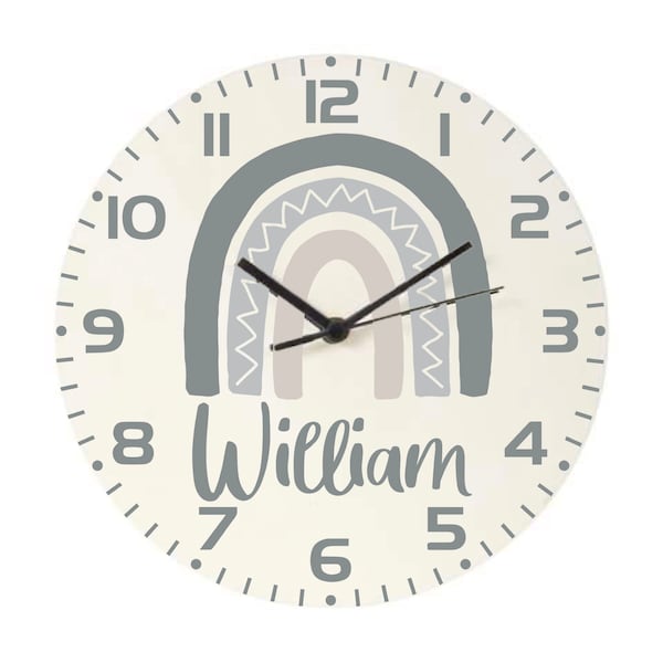 Personalised Wooden Clock – Grey Rainbow