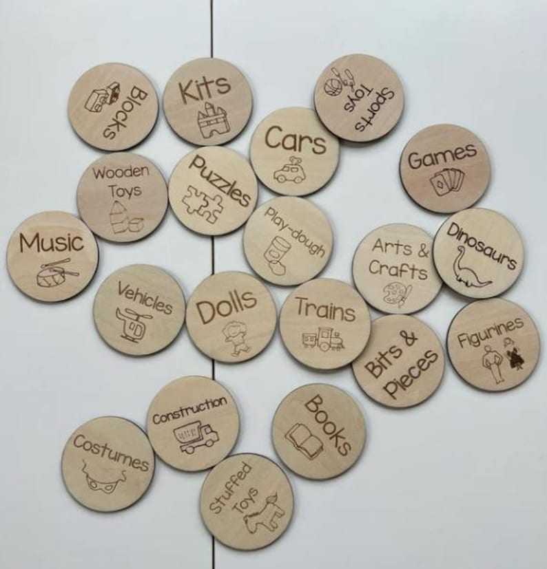 May include: Wooden circles with various toy categories written on them, including "Blocks", "Kits", "Cars", "Toys", "Sports", "Puzzles", "Play-dough", "Vehicles", "Dolls", "Trains", "Games", "Arts & Crafts", "Dinosaurs", "Bits & Pieces", "Figurines", "Wooden Toys", "Music", "Construction", "Costumes", "Books", and "Stuffed Toys".