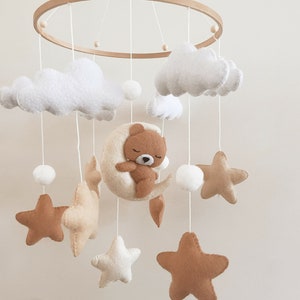 Brown Teddy Bear Nursery Mobile + Natural Wood Cot Arm