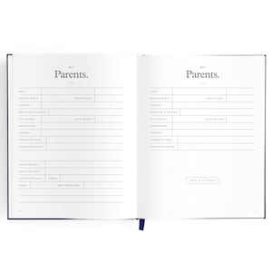 May include: A blank journal with a navy blue cover and the words "My Parents" in white text. The journal is open to two pages with lines for writing information about parents, including their names, dates of birth, birth places, eye and hair colors, occupations, hobbies, favorite foods, and how they met.