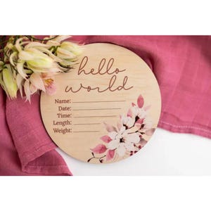 Hello World Floral Wooden Birth Disc
