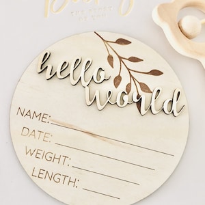 Classic Hello World Wooden Birth Announcement Disc – Natural Baby Name Sign | Personalized Newborn Keepsake | Rustic Nursery Decor