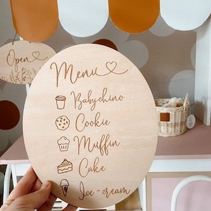 Placa de cardápio oval para café infantil – Placa de cardápio de madeira para cozinha de brinquedo – Placa de café inspirada em Montessori